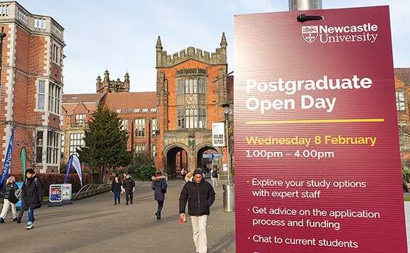 Newcastle University postgraduate open day sign with information about what